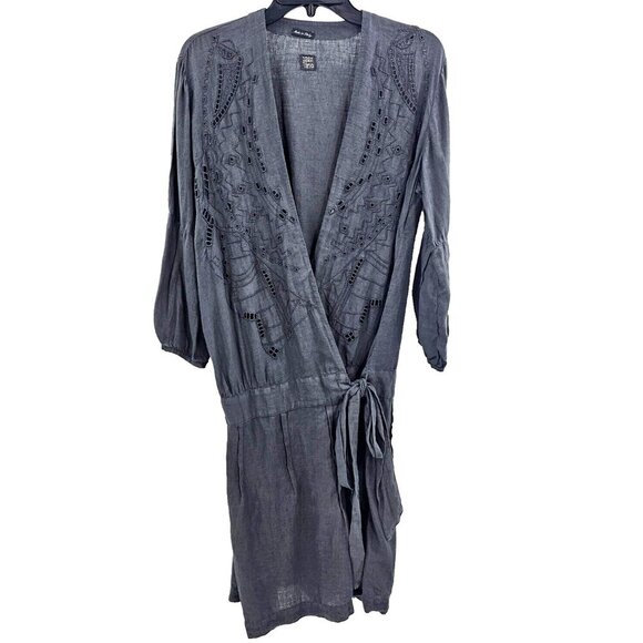 120% Lino Linen Gray Wrap Dress Eyelet Italy Size Eu 42 US Small - Picture 1 of 5